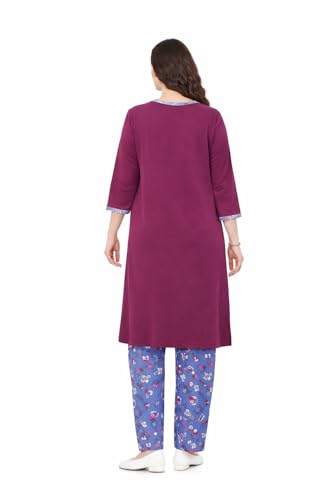 Image of MALAQ Women's Cotton Night Suit Set - Soft Hosiery Sleepwear with 3 /4th Sleeve Printed Long Top & Pajama | Round Neck Nightwear for Ladies