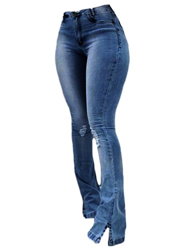 Andongnywell Womens High Waist Slim Fit Flared Denim Pants with Pockets Skinny Ripped Bell Bottom Jeans Bootcut Trousers2