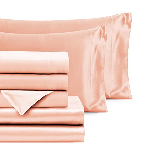 Homiest Queen Size Satin Sheet Set - Satin Sheets, Champagne, 7pcs - 1 Deep Pocket, 1 Flat, 4 Pillow, 1 Body