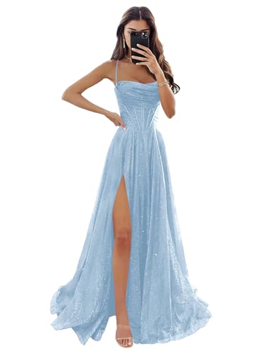Women's Spaghetti Straps Glitter Tulle Prom Dress with Slit Cowl Neck Long Evening Formal Party Gown