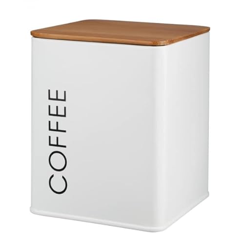Schlosserei Bayerwald Alcano Canister Recipiente Rectangular de Metal Con Tapa de Bambú Para Almacenar Productos Sueltos En La Cocina Etiquetado 14,5 x 11,5 x 11,5 cm Café Blanco Cover