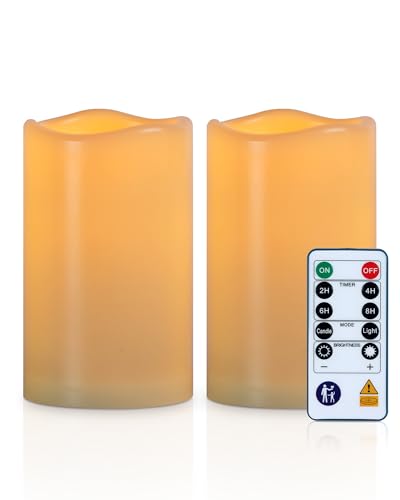 Homemory Wasserdichte Outdoor LED Kerzen mit Fernbedienung und Timer Flammenlose Batteriekerzen für Garten Terrasse Hochzeit 2er-Set(7 5x12.7cm)