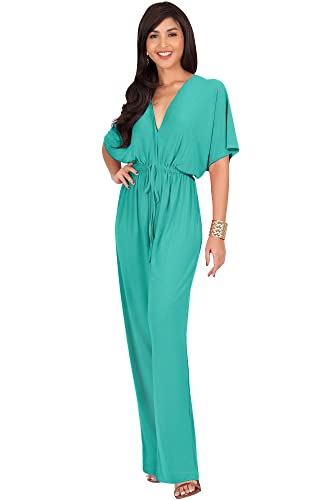 KOH KOH Womens Short Kimono Sleeve V-Neck Casual Sexy Wide Leg Long Pants One Piece Jumpsuit Jumpsuits Pant Suit Suits Romper Rompers Playsuit, Turquoise L 12-14