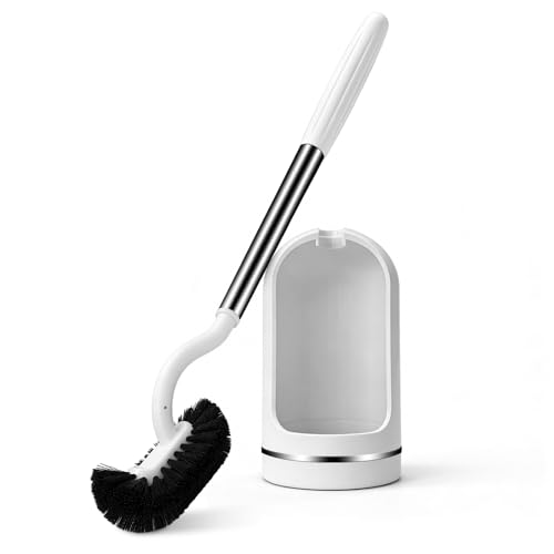 Toilet Brush and Holder Set Curved Toilet Brush with Stainless Steel Handle Under Rim Toilet Bowl Brush for Deep Cleaning Drip-Proof White