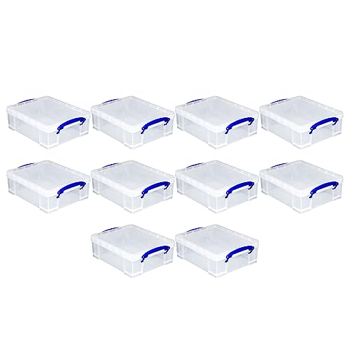 Image of Really Useful Box Stackable 8.1L Plastic Storage Container, 10 Pack | Bin with Snap Lid & Built-In Clip Lock Handles for Home & Office Organization