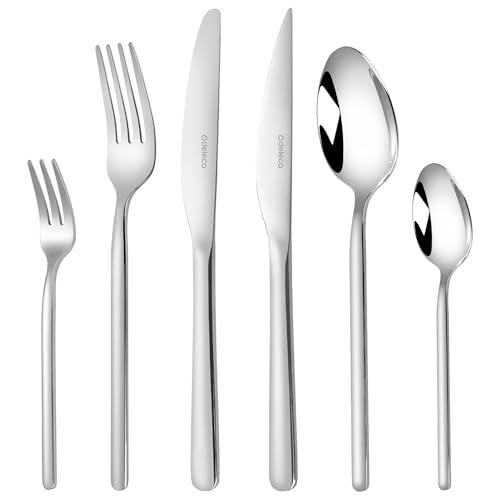 Deleca Set di posate in acciaio inox argentato, per 6 persone, 36 pezzi, lavabili in lavastoviglie, per 6 persone, posate da tavola, posate argentate, coltelli, forchette, cucchiai, posate in acciaio