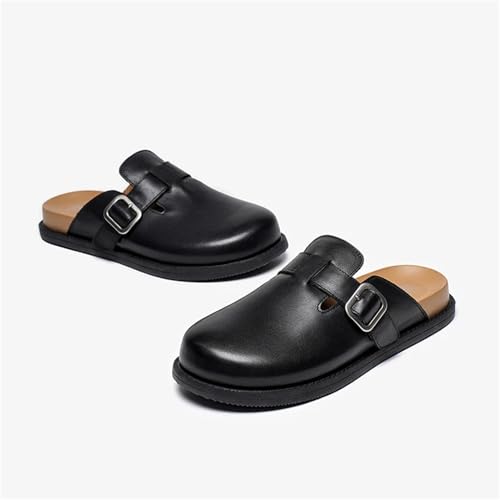 Women's Cow Leather Slippers - Solid Color Round Toe Buckle Strap Flats4