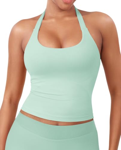 Image of YEOREO SoftHue Women's Impact Halter Tank Top Longline Backless Scoop Neck Built-in Bra Sports Workout Gym Crop Top