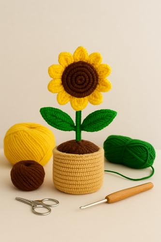Image of Handmade Crochet Sunflower Pot - Eco-Friendly Knitted Flower Plant for Home Decor, Cute Crochet Flowers for Office Desk, Table Decor & Gift Item (White)