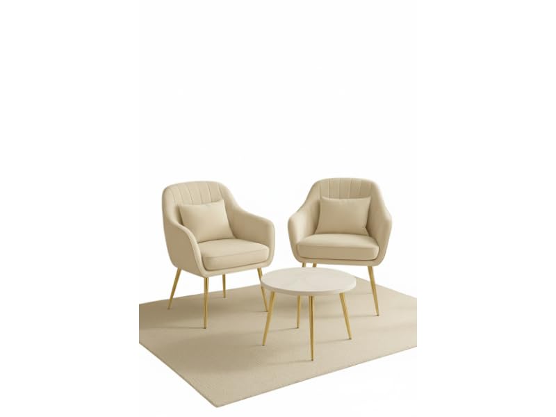 Velvet Office and Garden Area Outdoor Chairs | Cushion Seat Chair with Pillows for Modern Contemporary Upholstered with Polished Rosegold Metal Designer Piece |White Table (Off White)-image-4