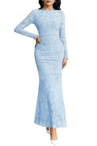 MITILLY Women's Formal Bodycon Maxi Dress Fall 2025 Long Sleeve Floral Tight Fitted Party Club Ruched Dresses Small Light Blue