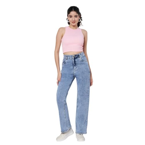 Image of Wide Leg Plain Jeans for Women & Girls I Denim Flared Straight Baggy Pant I Stretchable Comfortable High Waist Clean Look Loose Fit Pants for Office Party Home