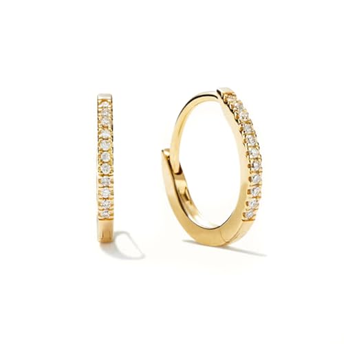 Lightweight Thin Yellow 14K Gold Plated Pure 925 Sterling Silver Iced Cubic Zirconia Skinny Simulated Diamond Hoop Earrings for Women Men Cz Hypoallergenic Huggie Hoops Earrings