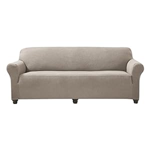 Home Beyond & HB design – Stretch Sofa Covers Slipcovers 3 Seater – Spandex Jacquard Fabric Couch Sofa Cover with Elastic Bottom – Furniture Protectors – (Sofa 72-92 Inches Wide, Stripe Sand)