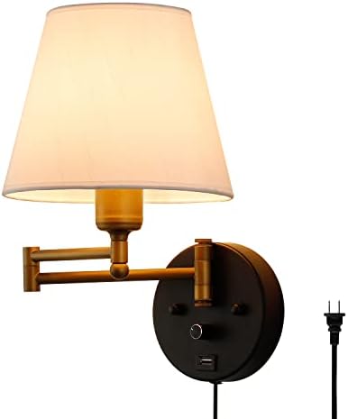 PULLCU Swing Arm Wall Lamp, Bedside Wall lamp with dimmable Switch and USB Charging Port, Indoor Plug in Wall Sconces, Suitable forbedroome,Living Room, Reading