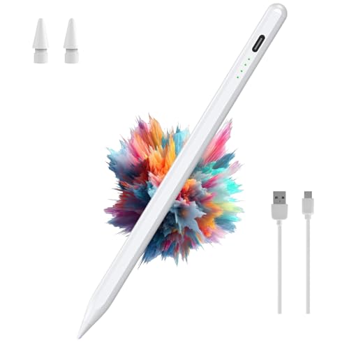 White Stylus Pen for Tablet - Rechargeable Touch Stylus with Fine Tip - 2 Replacement Tips - Compatible with Apple iPad - iPhone - Samsung Tab -...