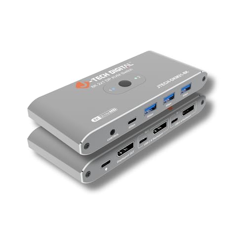 J-Tech Digital 8K DisplayPort 1.4 KVM Switch 2 Computers 1 Monitor, 8K@60Hz / 4K@240Hz Dual PC DP KVM Switcher with 4 USB 3.0 Ports (3 USB-A + 1 USB-C), Includes DP & USB Cables [JTECH-DKM21-8K]