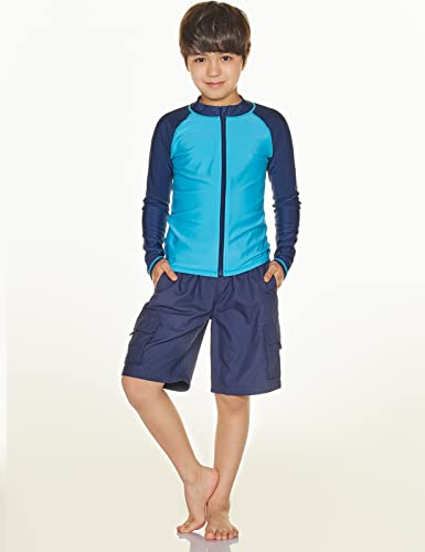 Tsla Boy's And Girl's Long Sleeve Zipper Rash Guard, Upf 50+ Uv/Sun Protection Swim Shirts, Quick Dry Water Swimsuit Top, Sun Protection Sky Blue & Navy, 8 #TOP2