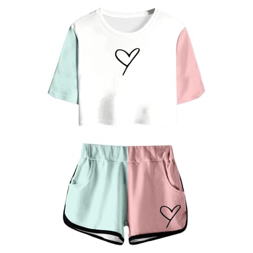 Bekleidungssets Für Mädchen 128 2 Teiler Sommer Outfits Herz Druck Kurze Hose Und Tshirt Set Color Block 2 Piece Sport Kleidung Jogging Hosenanzug Casual Kinderkleidung