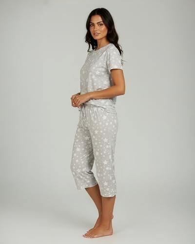 Image of Real Essentials 2 Pack: Womens Pajamas Short Sleeve Sleepwear Tops and Capri Pants Pjs Print Pajama Sets (Available In Plus)