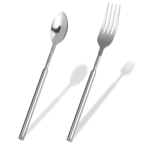 Lot de 2 fourchettes extensibles, fourchettes télescopiques, en acier inoxydable, avec long manche, 22 à 65 cm, fourchettes télescopiques extra longues et...