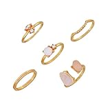 Lucky Brand 5 Pack Gold Plated Rose Quartz, Opal and White Stone Rings Set - Size 9