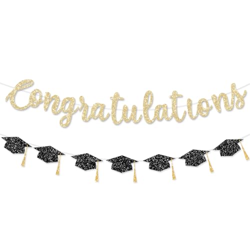 FHGG Pre Strung Congratulations Banner Graduation Decorations Class of 2025 Gold Glitter Congrats Grad with Tassel Party Decor College High School Favors Black NO DIY