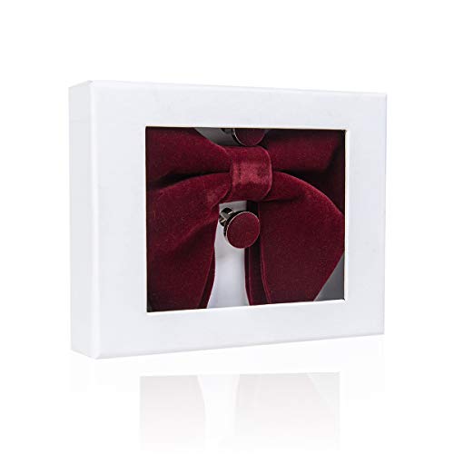 Mens Wedding Bow Tie and Pocket Square Cufflink Sets Velvet Pre-tied Burgundy Wine Bow Ties (0571-14)