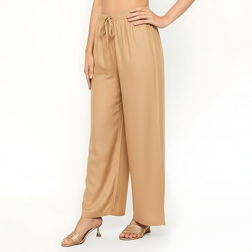 Image of Women's Rayon Palazzo Pants | Solid Color Wide Leg Trousers in 18 Shades | Elastic Waist Casual Bottoms XS-7XL | Comfortable