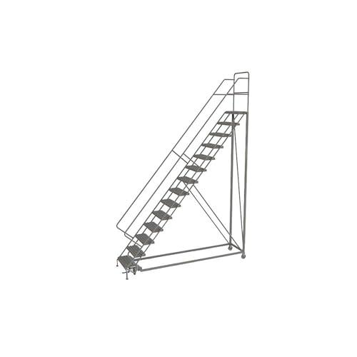 Tri-Arc KDEC114242 14-Step Forward Descent Safety Angle Steel Rolling Industrial and Warehouse Ladder with Grip Strut Tread, 24-Inch Wide Steps