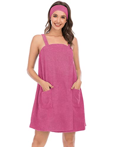 Veseacky Women Bath Wrap Towel For Shower With Pocket Adjustable Robe & Facial Headband Rose Red Xl #TOP2