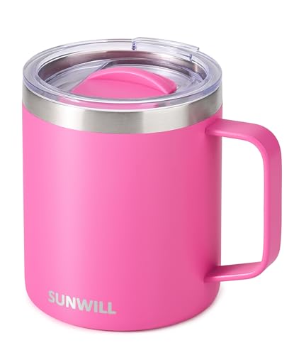 Image of SUNWILL Insulated Coffee Mug with Lid, Travel Tumbler with Handle, 14 oz Stainless Steel Cup for Home, Office, Camping, Powder Coated Magenta