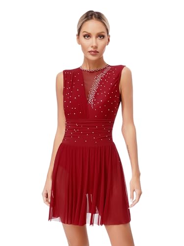 Nyeemya Maillot de Patinaje Artístico para Mujer sin Mangas Brillante Vestido de Leotardo Baile Maillot de Danza Ballet Gimnasia Disfraz Bailarina borgoña A S