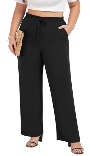 syoss Women's Plus Size Pants High Waist Adjustable Knot Lounge Pants Straight Long Trousers with Pockets2