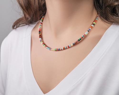 XIJIN Natural Stone Bead Necklace for Women Handmade Boho Multicolor Beaded Choker Necklace Gift for Her3
