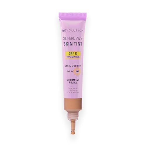 Image of Revolution Superdewy SPF 30 Skin Tint, Medium Tan Neutral | Tinted Mineral Face Foundation, Buildable Coverage for Facial Glow, 12% Zinc Oxide, Vegan & Cruelty-Free