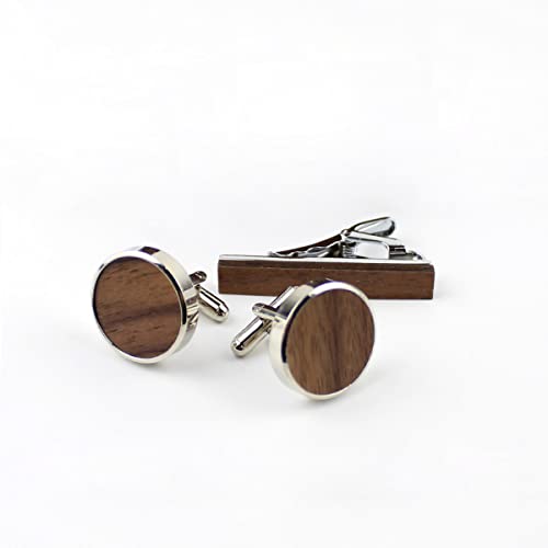 Rustic Black Walnut Wooden Round Cufflinks Tie Clips With Organizer Box For Men #TOP3
