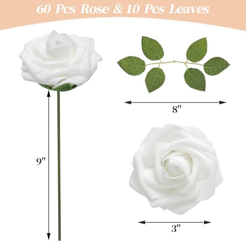 DerBlue 60pcs Artificial Roses Flowers with stem and 10pcs Green Leaves Real Looking Fake Roses Artificial Foam Roses Decoration DIY for Wedding,Arrangements Party Home Decorations