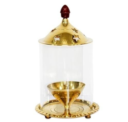 Image of Brass Akhand Diya with Glass Cover 5 Inch Pack of 2 | Golden Decorative Brass Oil Lamp & Tea Light Holder | Cylindrical Lantern for Durga Pooja, Navratri, Temple, Festive & Home Dcor