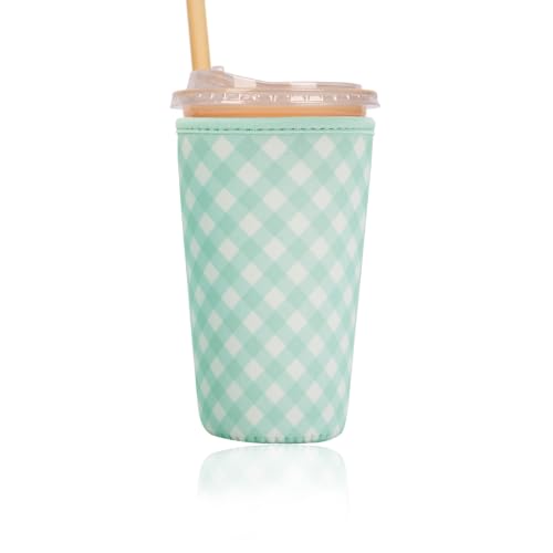 Image of Reusable Insulated Sleeve for Iced Coffee Cup, Coffee Neoprene Sleeve for Cold & Hot Drinks, Beverage Holder for Iced Coffee (Sage Gingham, Large: 32oz)