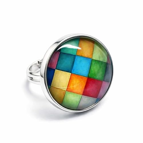 Bague fantaisie femme réglable, en acier inoxydable, illustrée, cabochon en verre, vintage,...