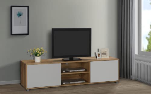 Image of DeckUp Plank Cannes Engineered Wood 2-Door TV Stand and Home Entertainment Unit (Wotan Oak and White, Matte Finish)