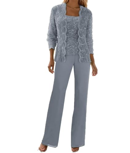 Chiffon Grandmother of The Bride Pant Suits with Jacket Mother of The Bride Pantsuits 3 Pieces Dusty Blue Formal Jumpsuit Size 10