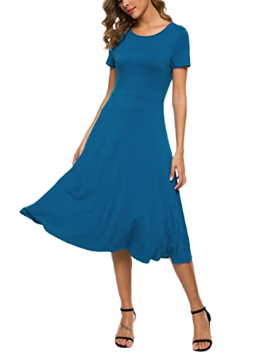 Image of EXCHIC Women's Casual Round Neck Short Sleeve Midi Dress Solid Stretchy Waist Knee Long Dress