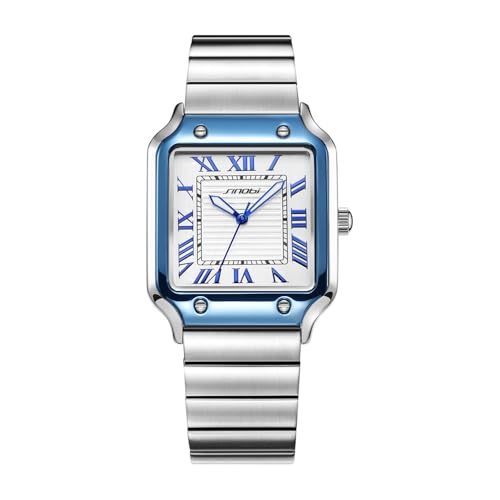 Classic square watch, roman numerals casual watches for men, silver-blue, Bracelet Type