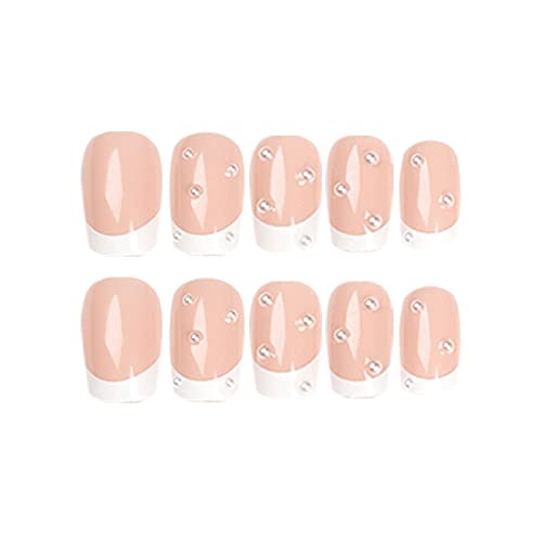 Imsohot White French Press On Nails Medium Square Pearl Fake Nails Glossy Nude Glue On Nails Squoval False Nails Acrylic Nails For Women And Girls #TOP1