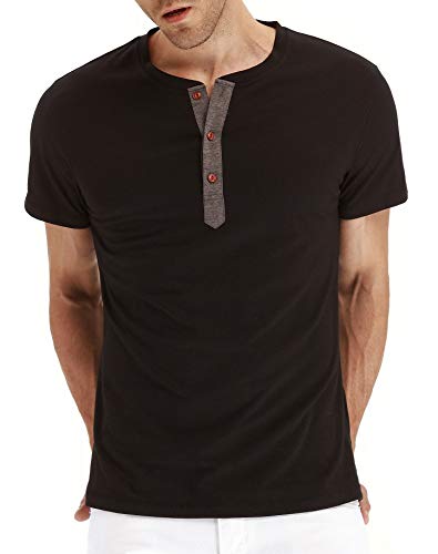 PERDONTOO Mens Slim Fit Short Sleeve Henley T-Shirt Casual Basic Tee (Small, Black)