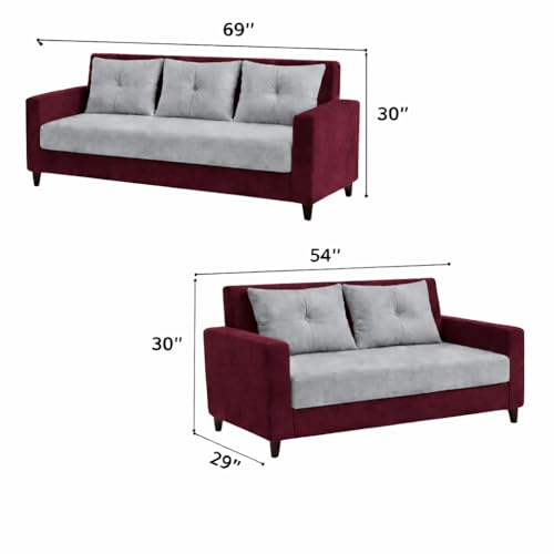 Image of Ultimate Comfort 3+2 Wooden Sofa Set | Premium Velvet Fabric | Modern 5-Seater Sofa | Durable & Stylish Living Room Furniture(Mehroon & Grey)