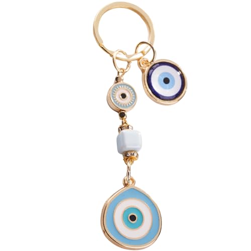 BCS Evil Eye Keychain Bag Charm - Good Luck & Protection Amulet - Car Keyring Purse Accessories for Women (Light Blue)