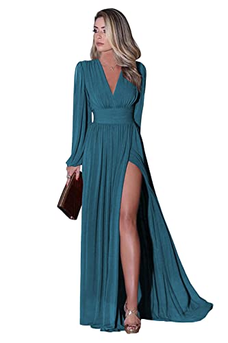 Long Sleeve Chiffon Bridesmaid Dresses for Women V-Neck Wedding Guest Dress Formal Evening Gown with Slit